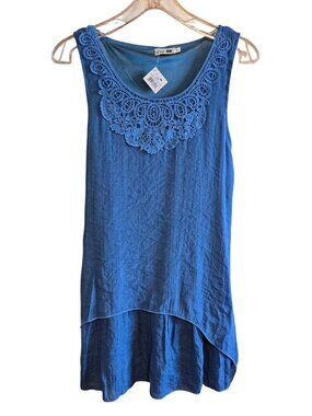 Style 101 Womens Blue Sleeveless Tunic Top With Lace Trim